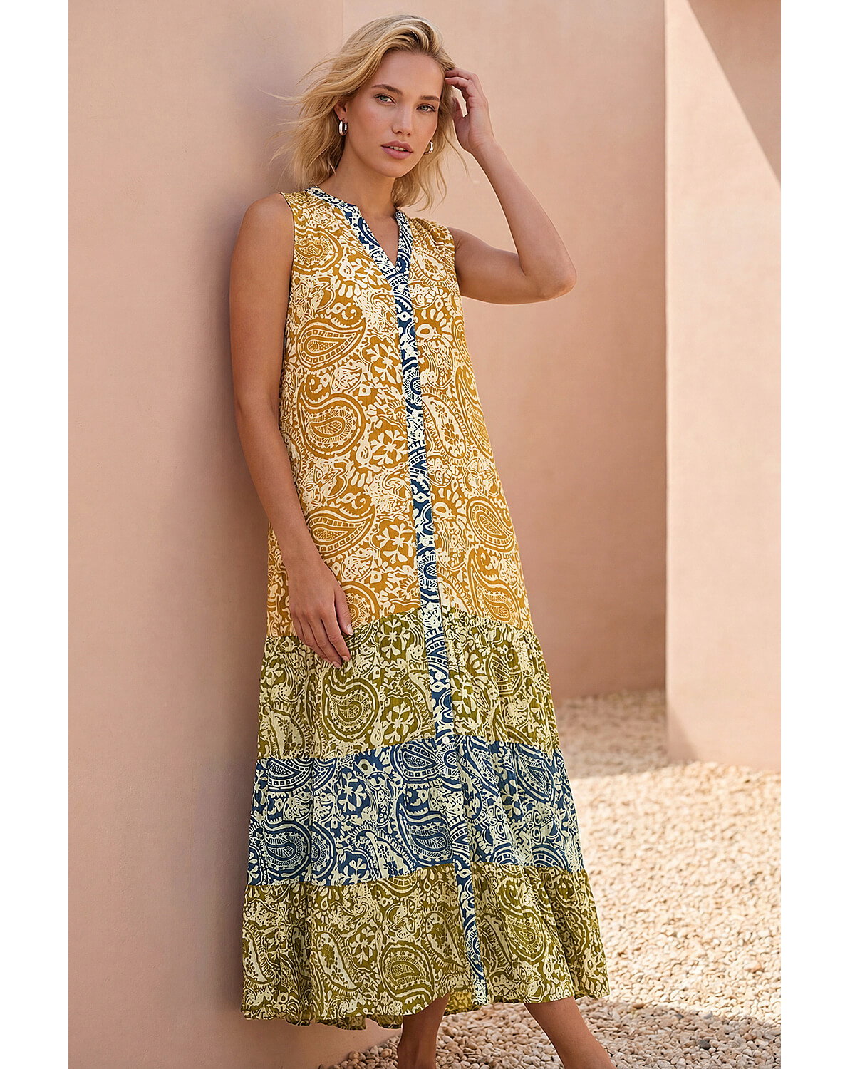New In - Roman Patchwork Print Tiered Maxi Dress