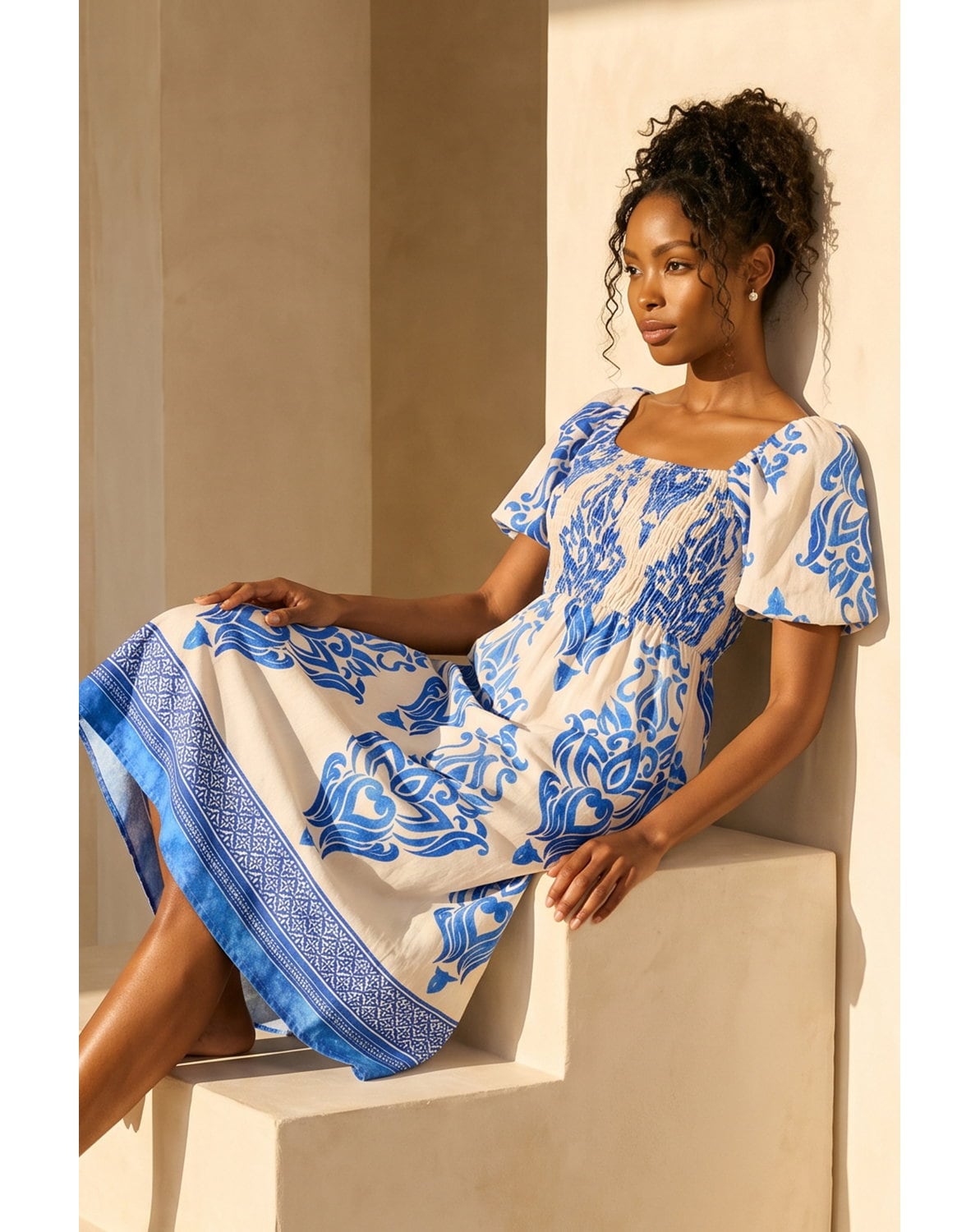 New In - Roman Abstract Print Shirred Midi Dress
