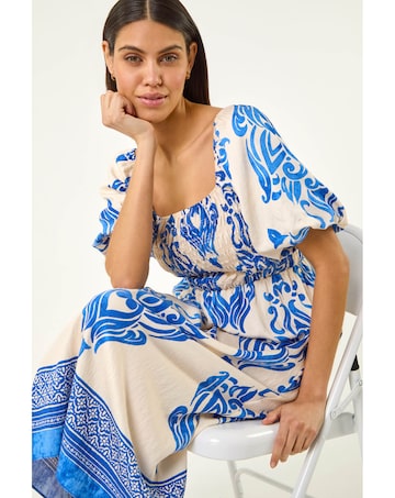 Roman Abstract Print Shirred Midi Dress