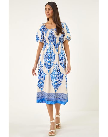 Roman Abstract Print Shirred Midi Dress