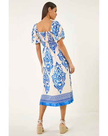Roman Abstract Print Shirred Midi Dress