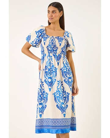 Roman Abstract Print Shirred Midi Dress