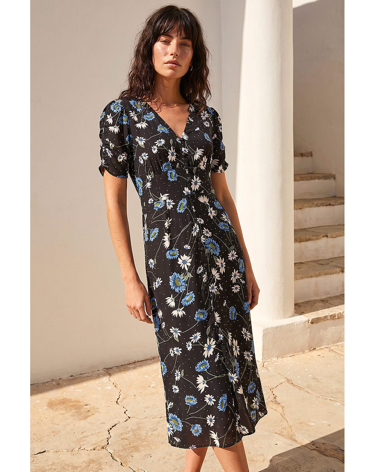 Roman Floral Ruched Sleeve Dress
