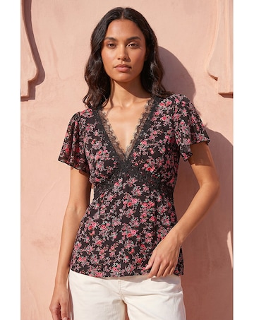 Roman Floral Print Lace Detail Top