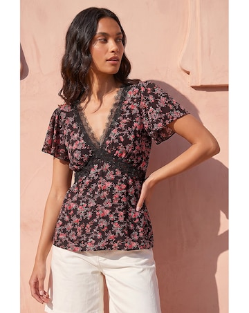 Roman Floral Print Lace Detail Top