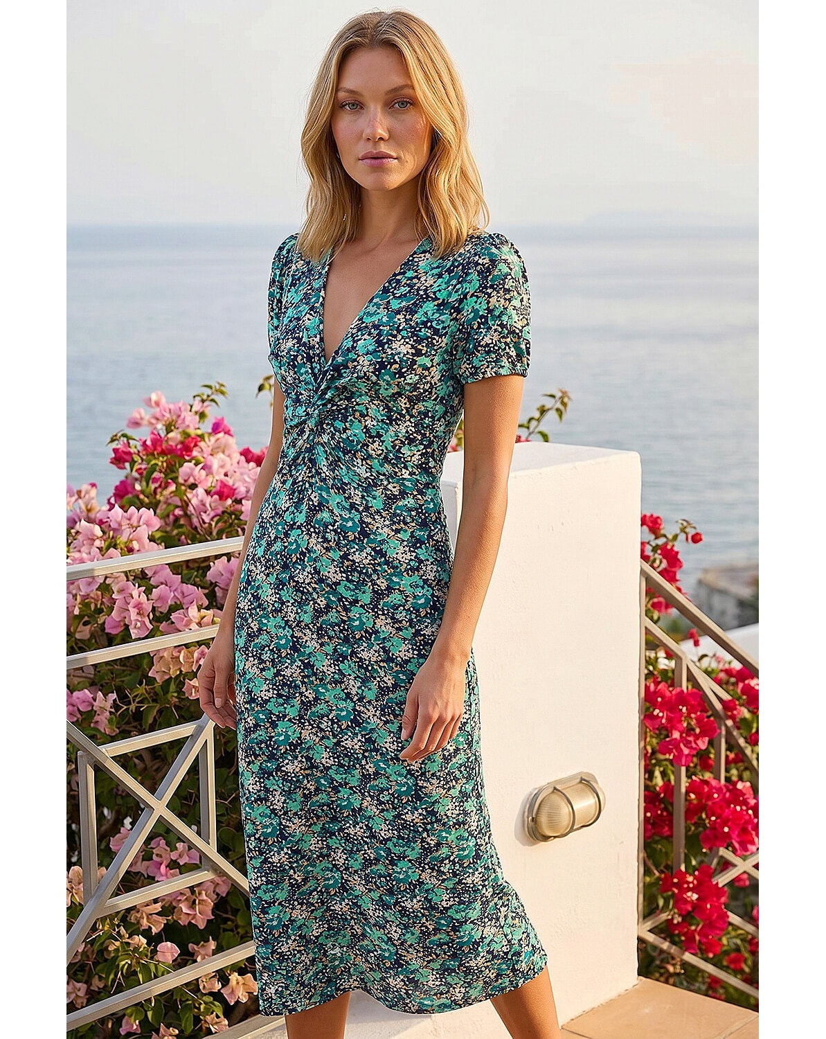 Roman Floral Twist Stretch Midi Dress