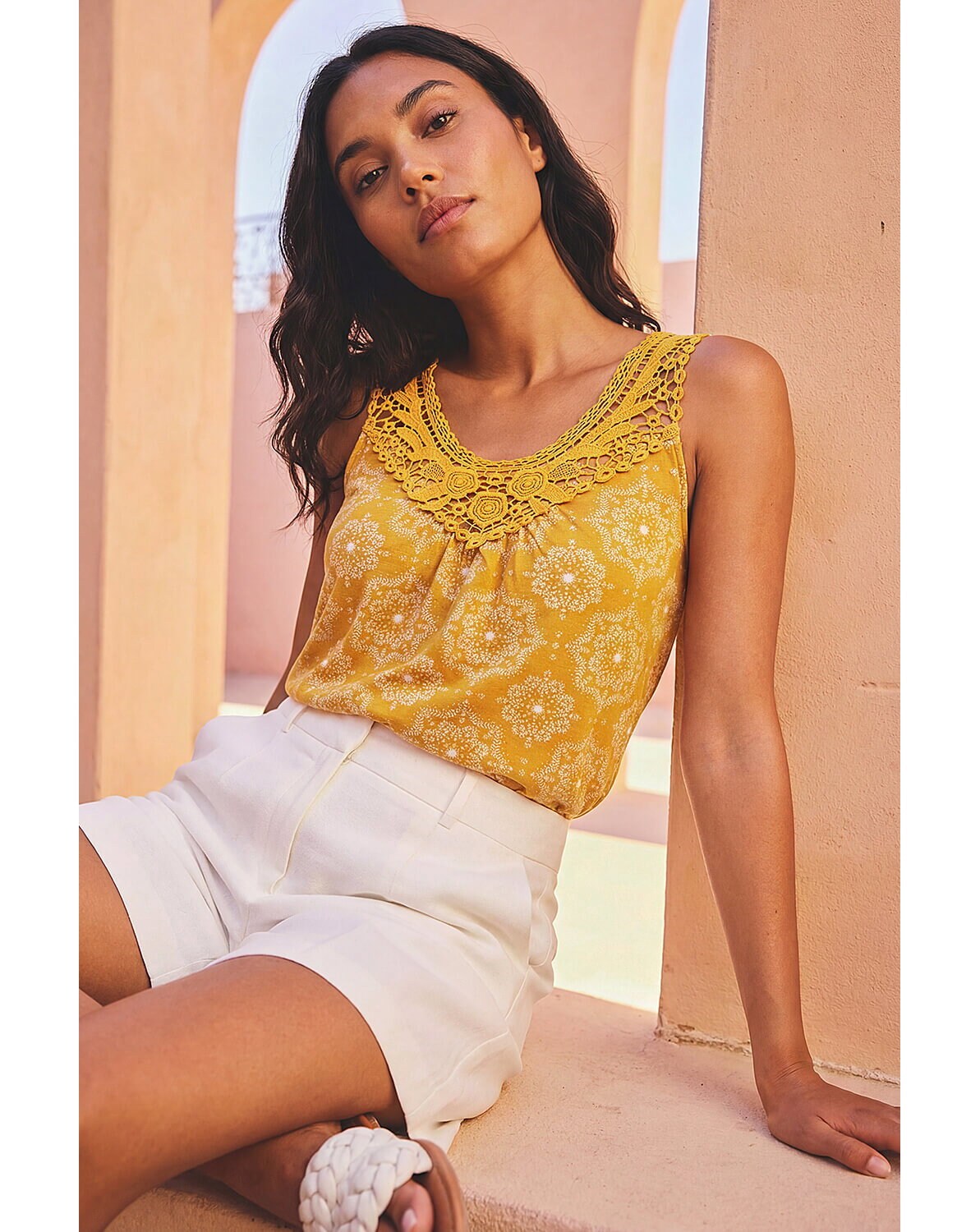 New In - Roman Printed Crochet Trim Vest Top
