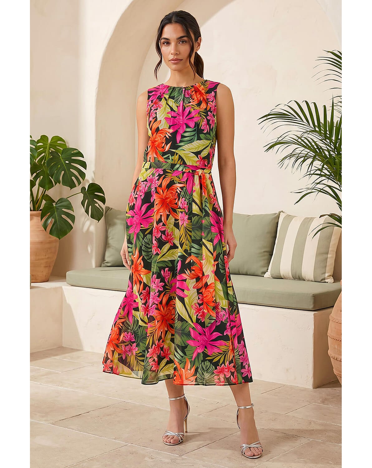 New In - Roman Leaf Chiffon Pleat Neck Midi Dress