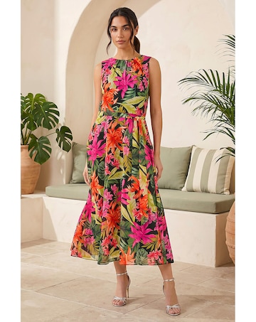 Roman Leaf Chiffon Pleat Neck Midi Dress
