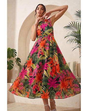Roman Leaf Chiffon Pleat Neck Midi Dress