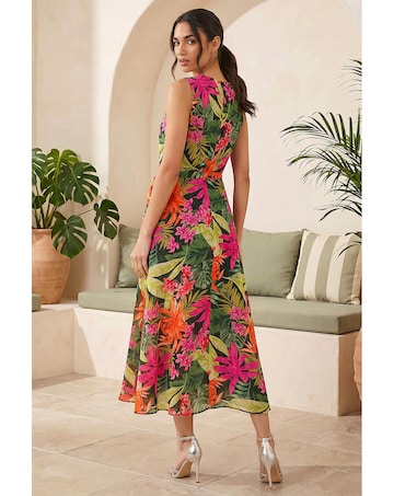 Roman Leaf Chiffon Pleat Neck Midi Dress