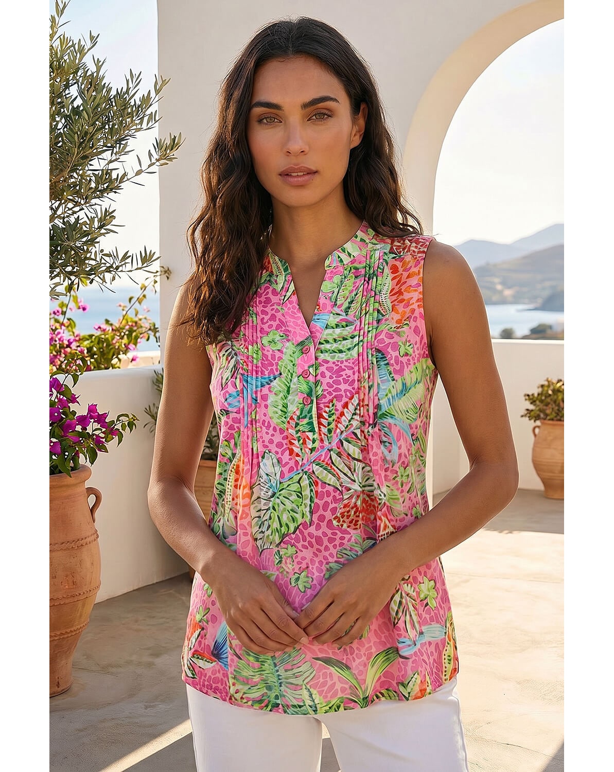 New In - Roman Tropical Leaf Print Pintuck Top
