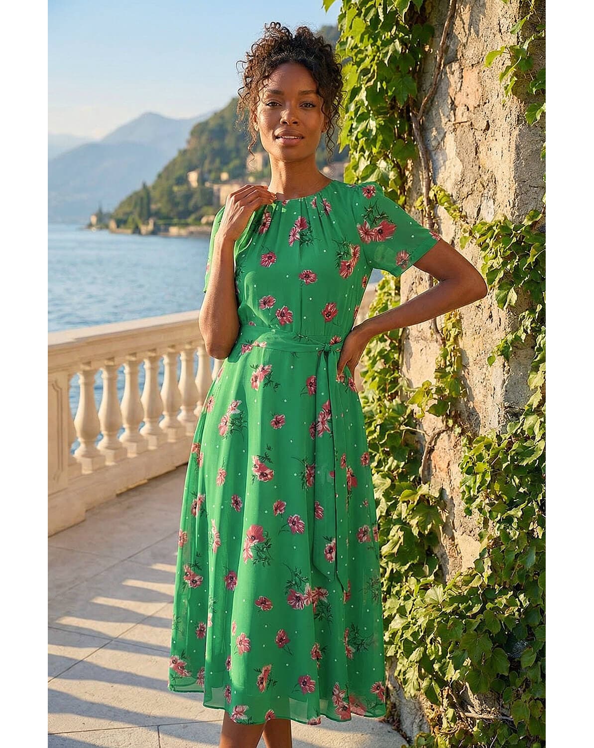 New In - Roman Floral Chiffon Pleated Dress