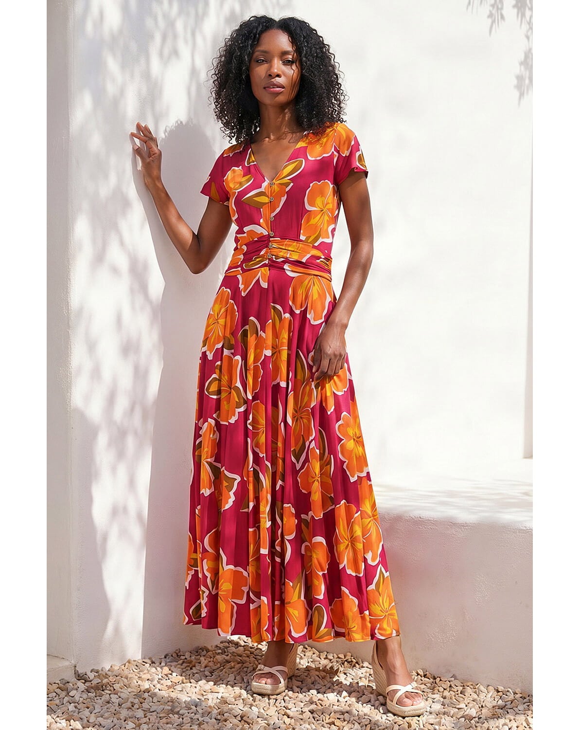 New In - Roman Floral Print Ruched Midi Dress