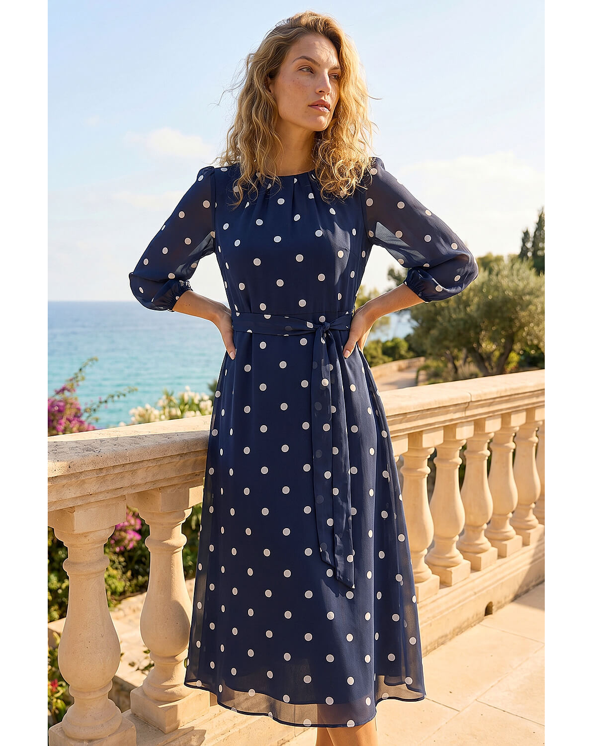 New In - Roman Polka Chiffon Pleated Midi Dress