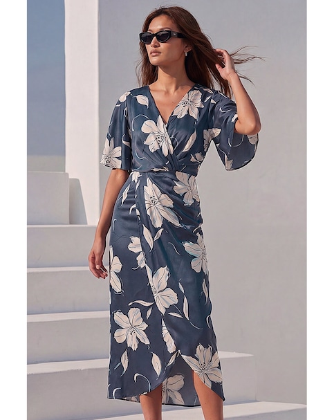 Roman Floral Print Wrap Twist Dress