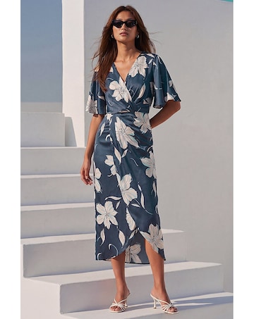 Roman Floral Print Wrap Twist Dress