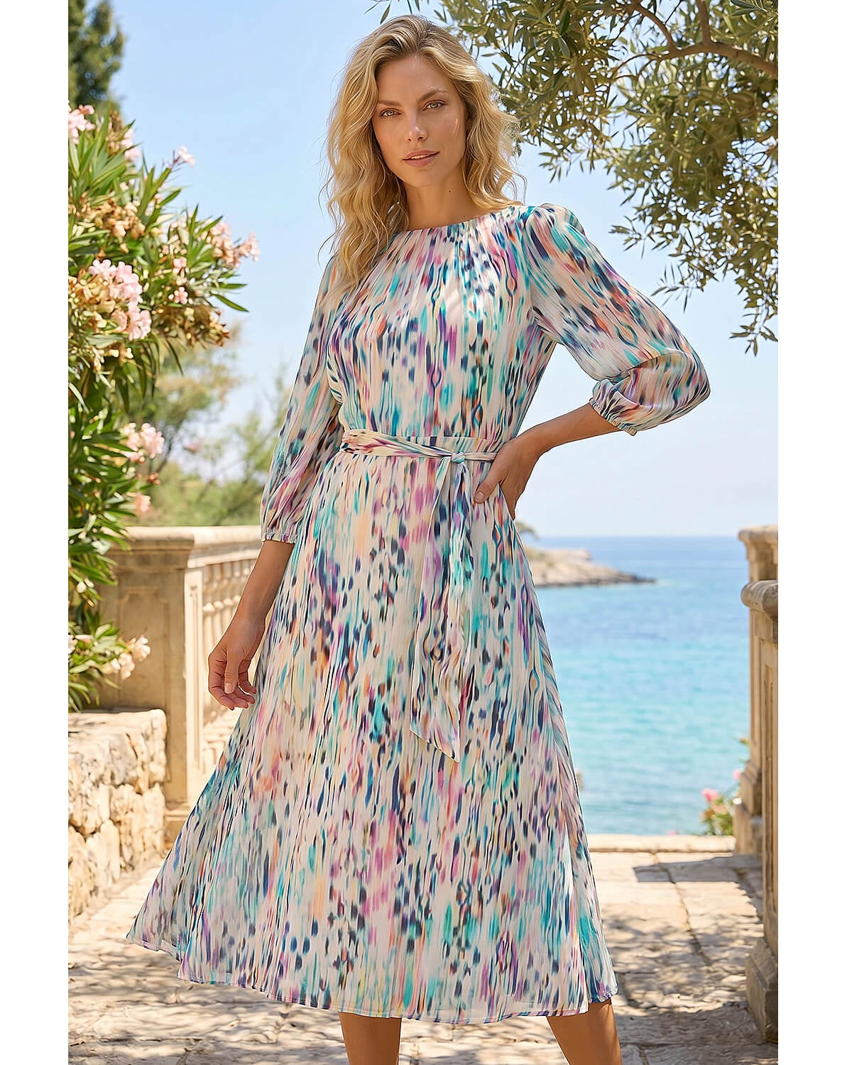 New In - Roman Blurred Pleat Neck Midi Dress