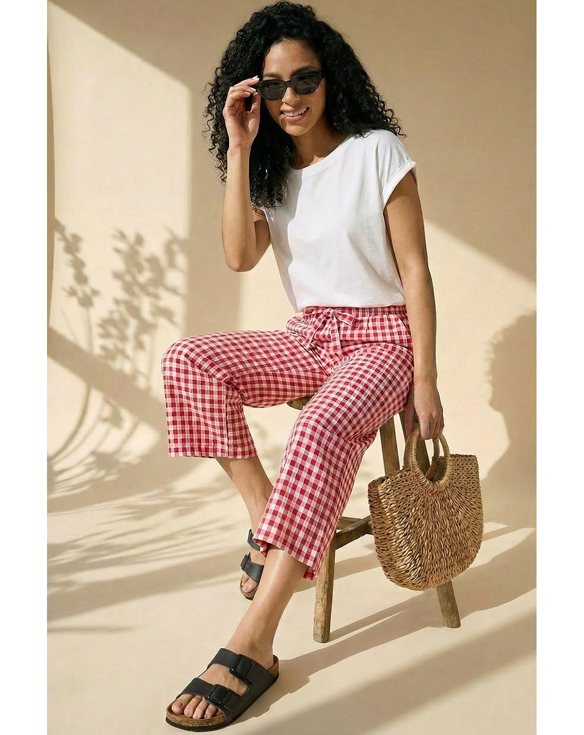 New In - Roman Gingham Tie Waist Cropped Trouser