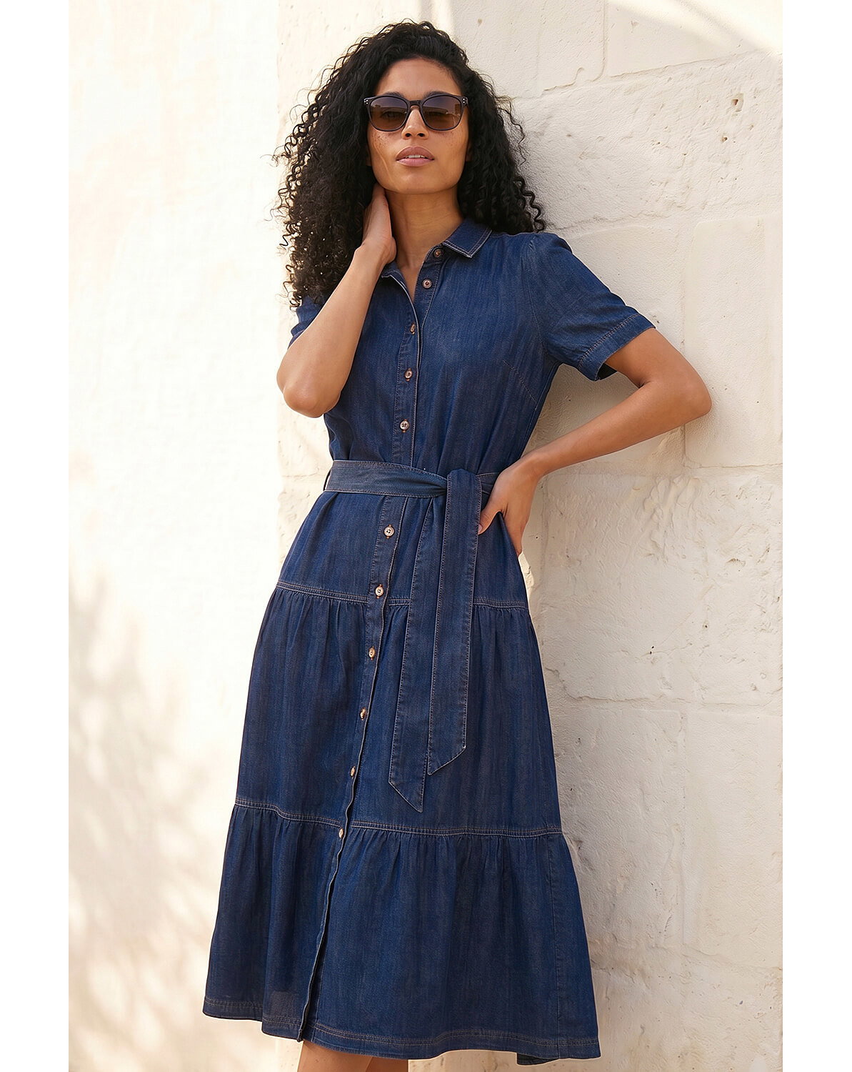 New In - Roman Denim Tiered Cotton Midi Dress