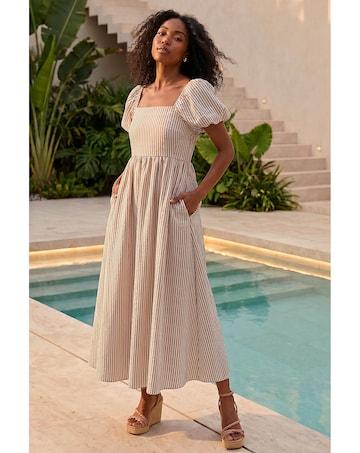 Roman Stripe Puff Sleeve Midi Dress