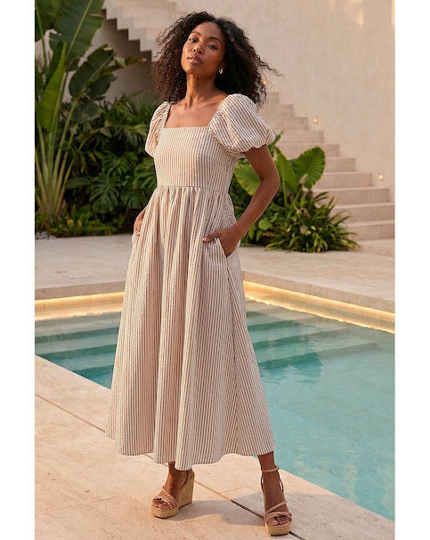Roman Stripe Puff Sleeve Midi Dress