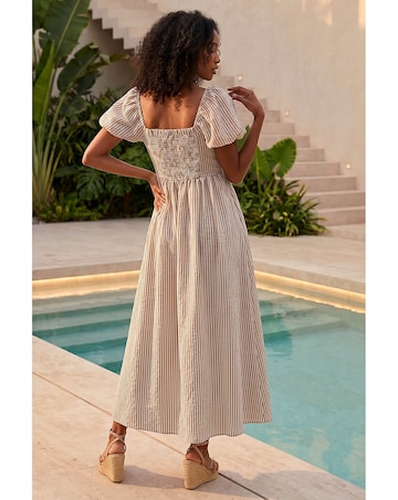 Roman Stripe Puff Sleeve Midi Dress