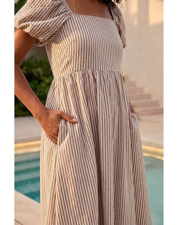 Roman Stripe Puff Sleeve Midi Dress