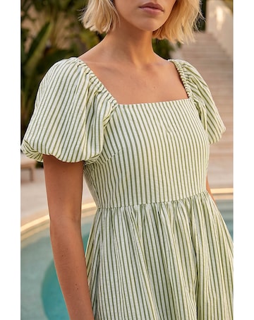 Roman Stripe Puff Sleeve Midi Dress