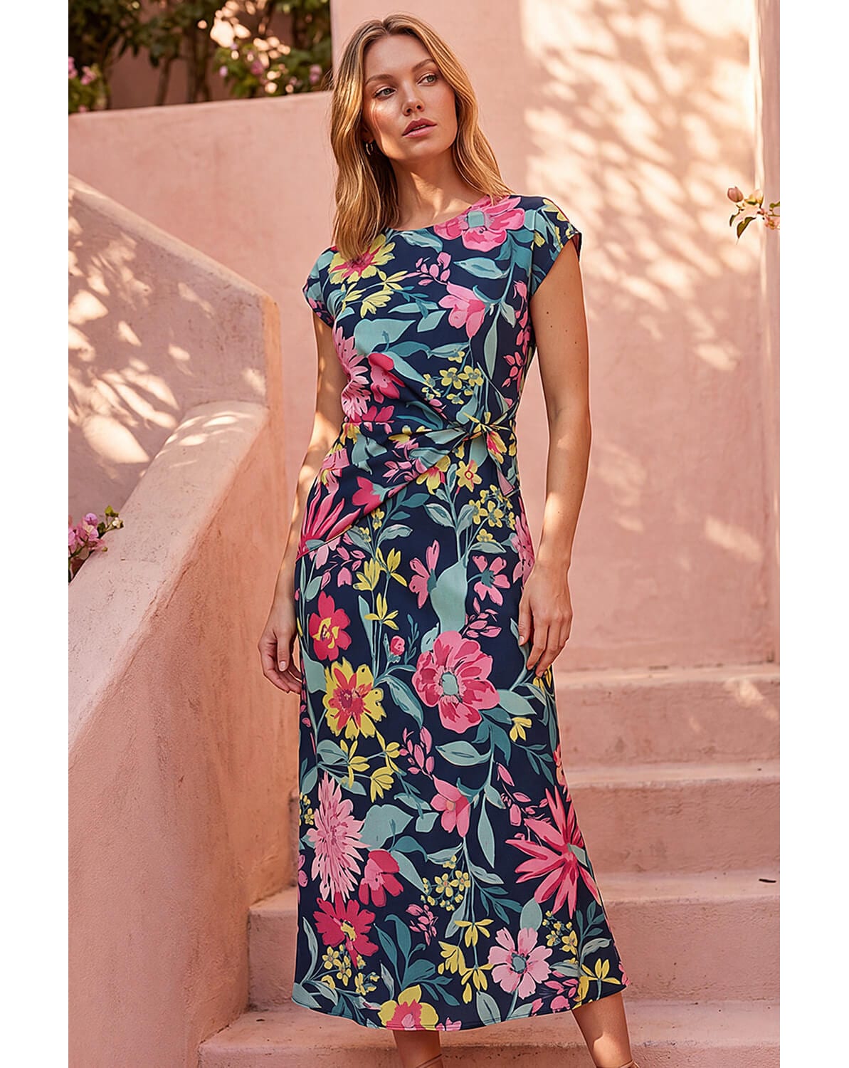 New In - Roman Floral Leaf Print Wrap Twist Dress
