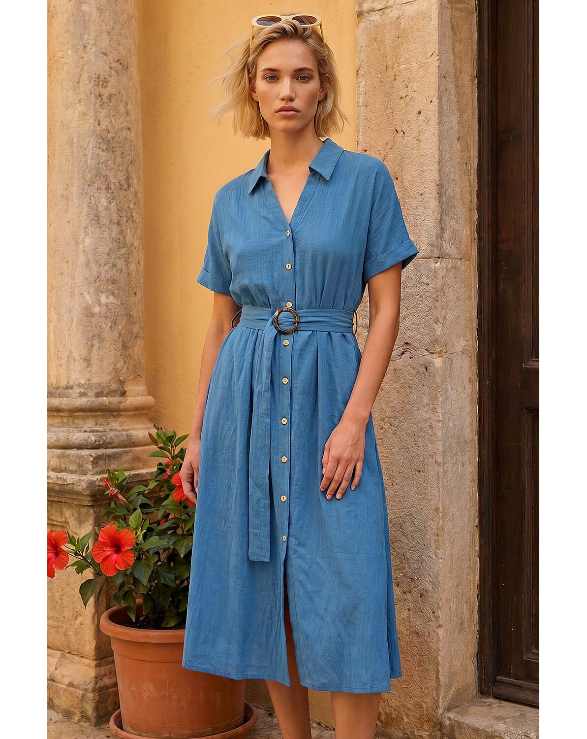 New In - Roman Linen Look Belted Shirt Dress