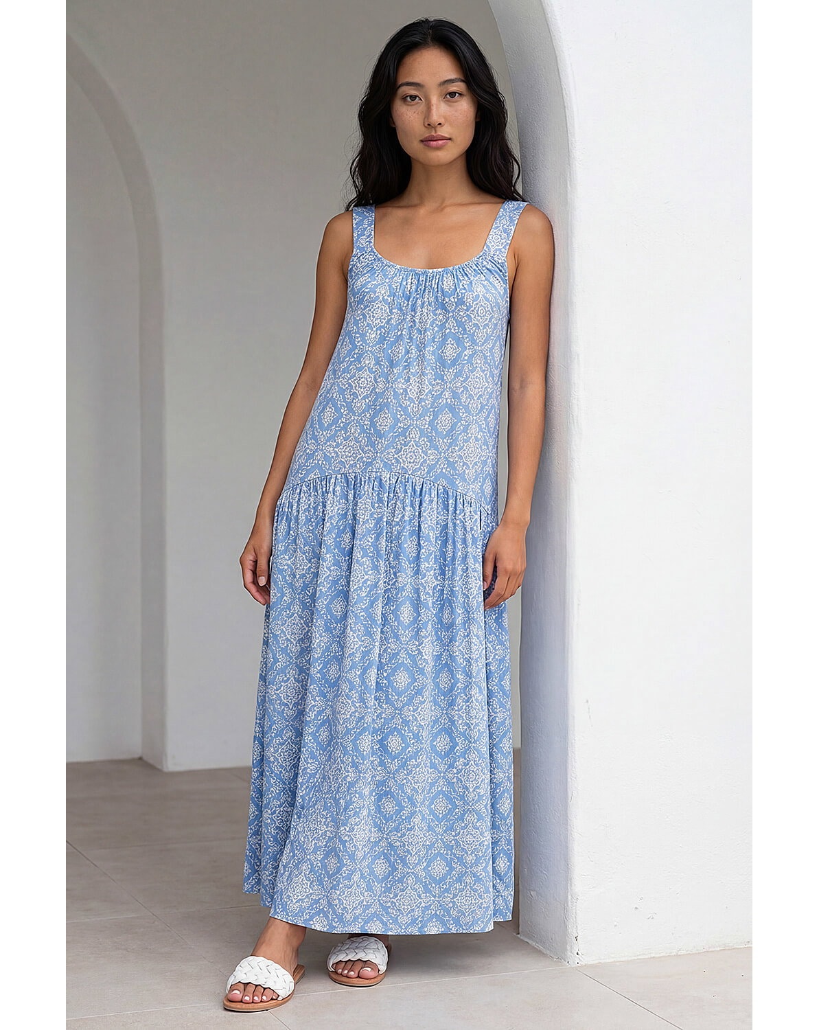 New In - Roman Petite Tile Print Gathered Dress