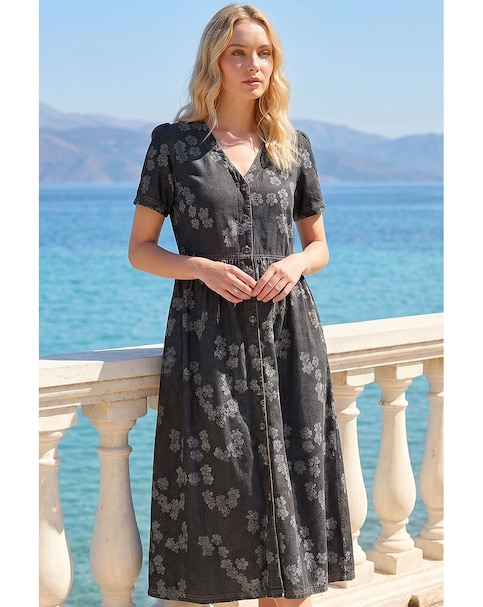 Roman Floral Denim Shirt Dress