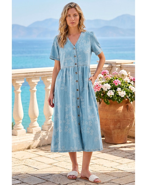 Roman Floral Denim Shirt Dress