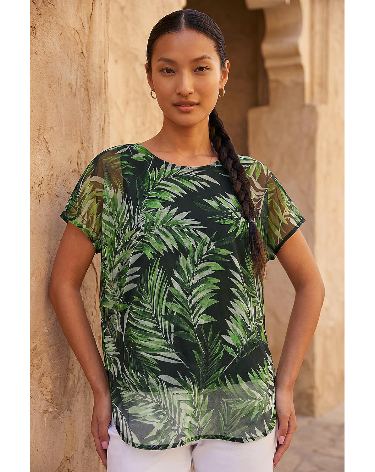 New In - Roman Palm Print Mesh Overlay Top