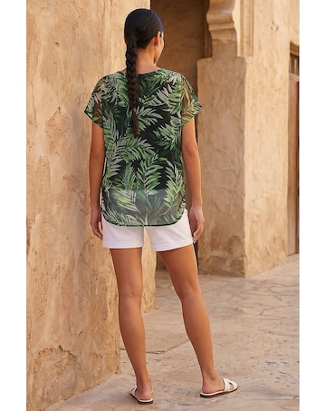 Roman Palm Print Mesh Overlay Top