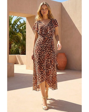 Roman Animal Wrap Chiffon Midi Dress