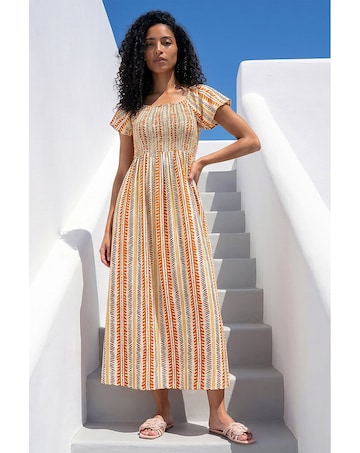 Roman Abstract Stripe Shirred Midi Dress