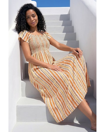 Roman Abstract Stripe Shirred Midi Dress