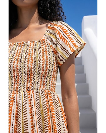 Roman Abstract Stripe Shirred Midi Dress