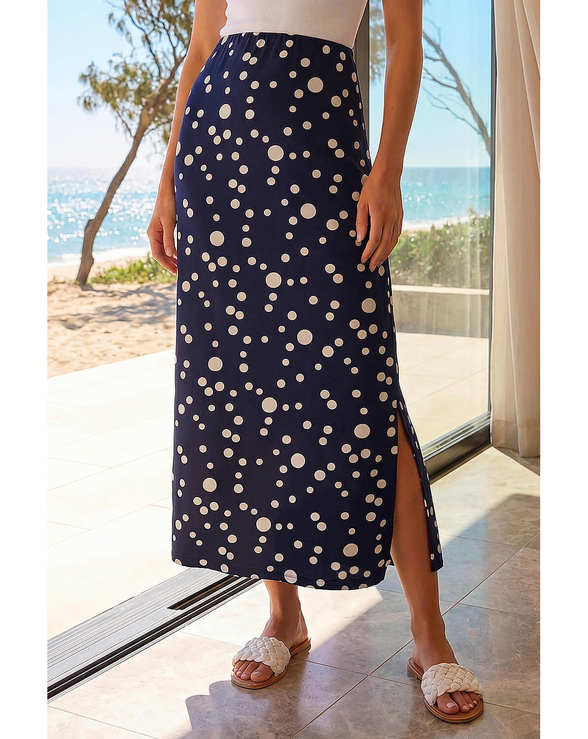 New In - Roman Spot Print Stretch Maxi Skirt