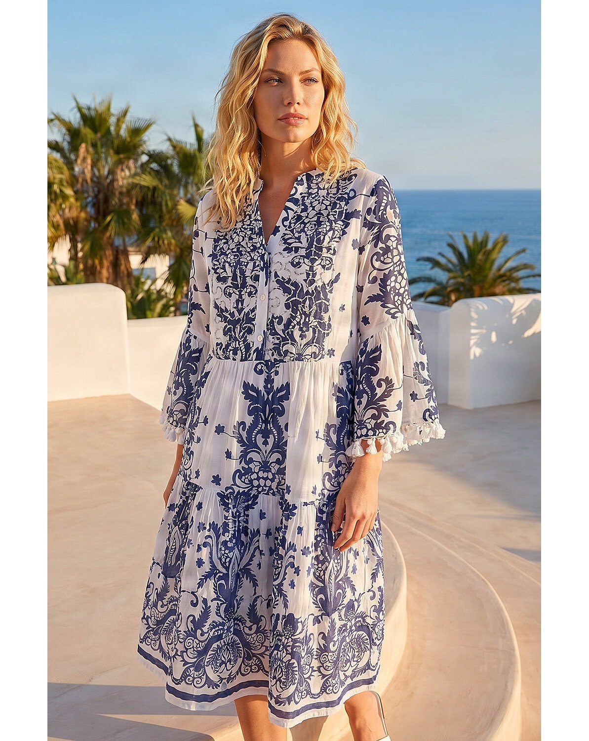 New In - Roman Beaded Tassel Trim Smock Dress