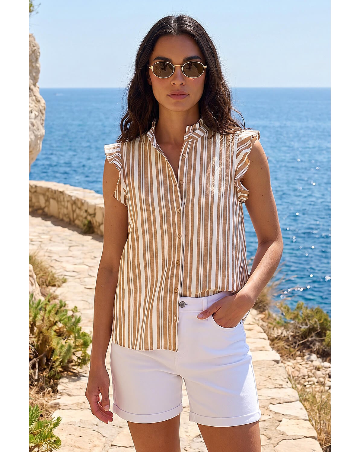 New In - Roman Stripe Frill Sleeve Blouse