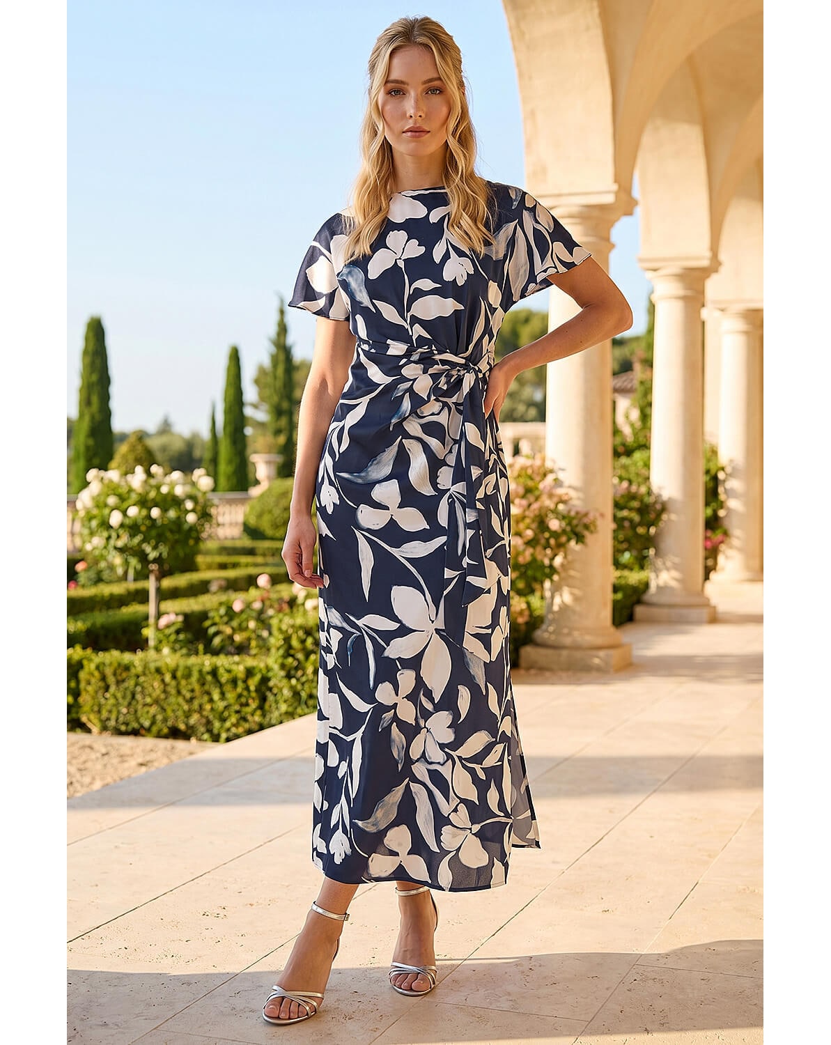 New In - Roman Floral Print Side Tie Crepe Dress