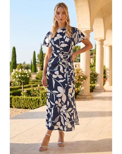Roman Floral Print Side Tie Crepe Dress