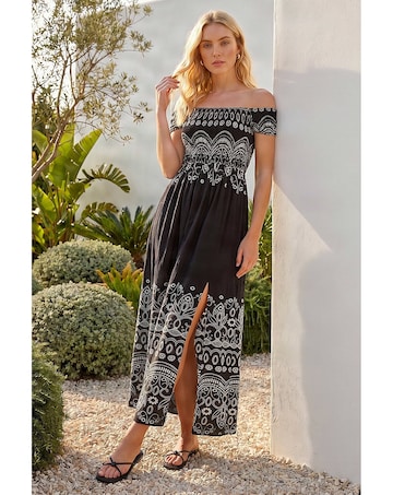 Roman Border Bardot Shirred Midi Dress