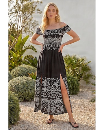 Roman Border Bardot Shirred Midi Dress
