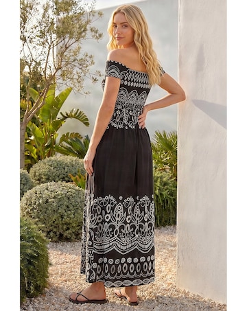 Roman Border Bardot Shirred Midi Dress
