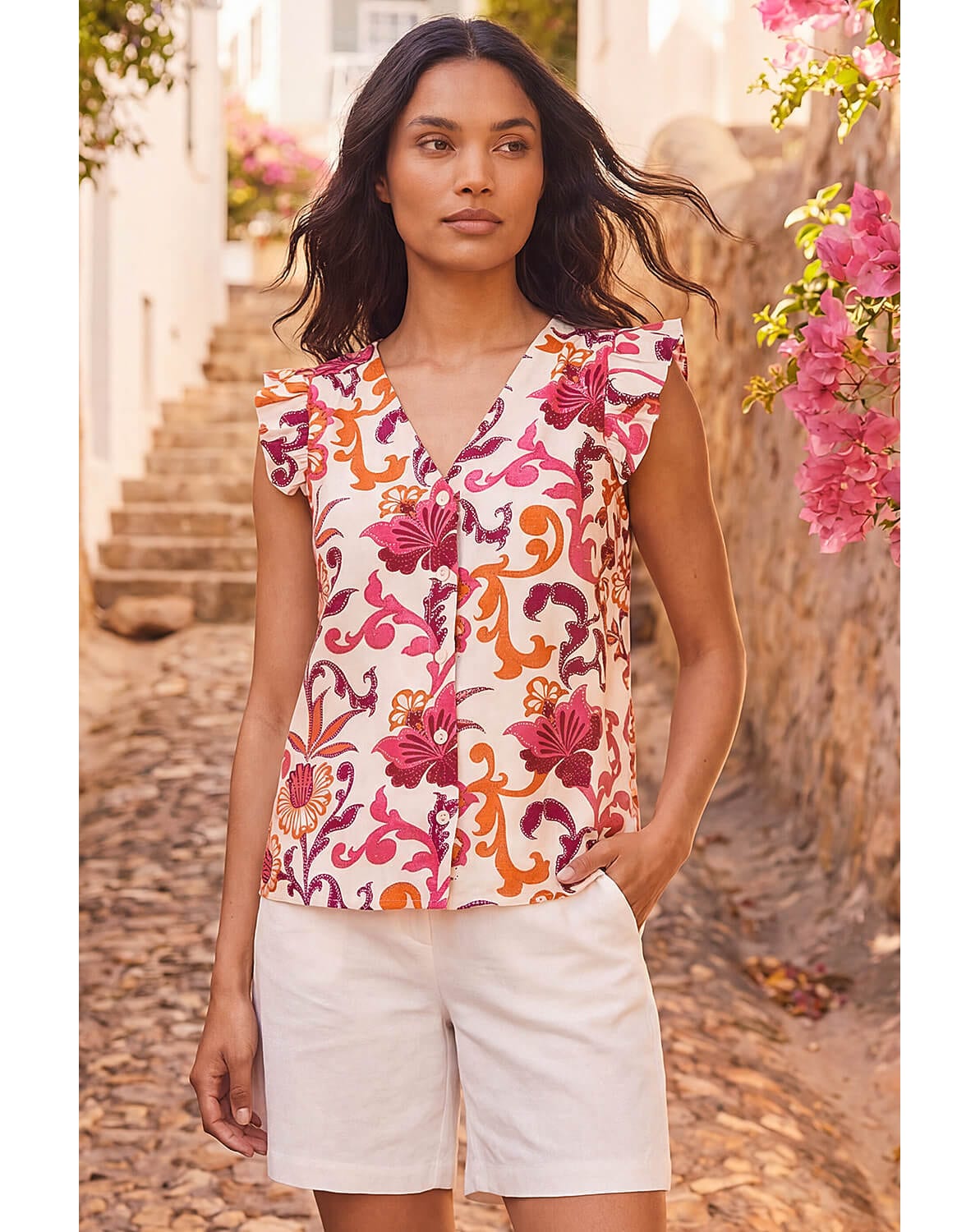 New In - Roman Floral Print Frill Sleeve Blouse