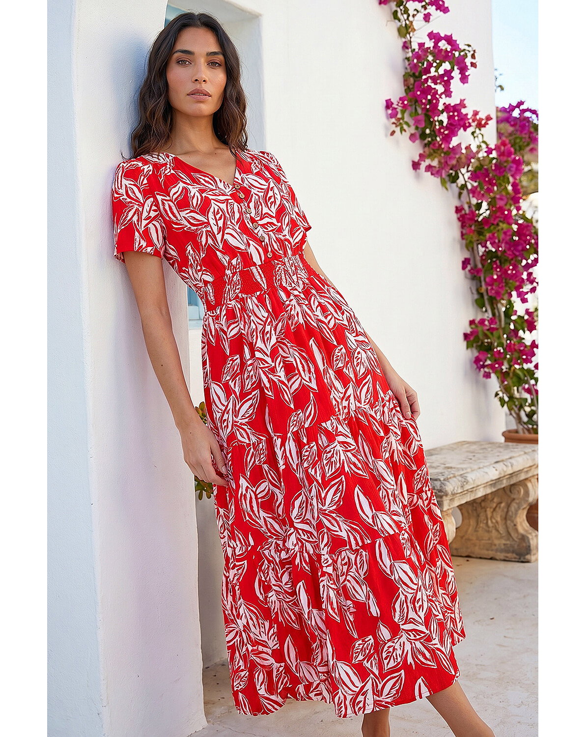 New In - Roman Leaf Print Shirred Maxi Dress